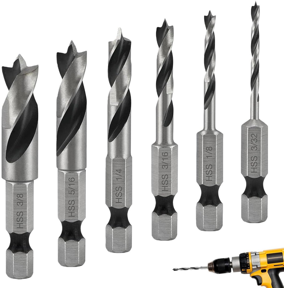 Boor met zeskantschacht, 6 stuks, kleine houtboor, zeskantige boorset, kleine houtboor, zeskantige boorset, metaalboorset, korte boorset voor hardhout, zacht hout, multiplex