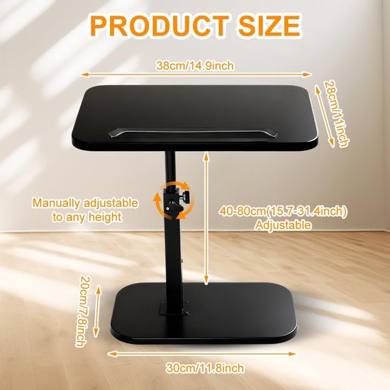 Bijzettafel C-vorm, 360° draaibaar, woonkamertafel, telefoontafel, in hoogte verstelbare banktafel (45-80 cm) met kantelbaar tafelblad, kleine bijzettafel voor bank, bed en smalle ruimtes (zwart) — afbeelding 2