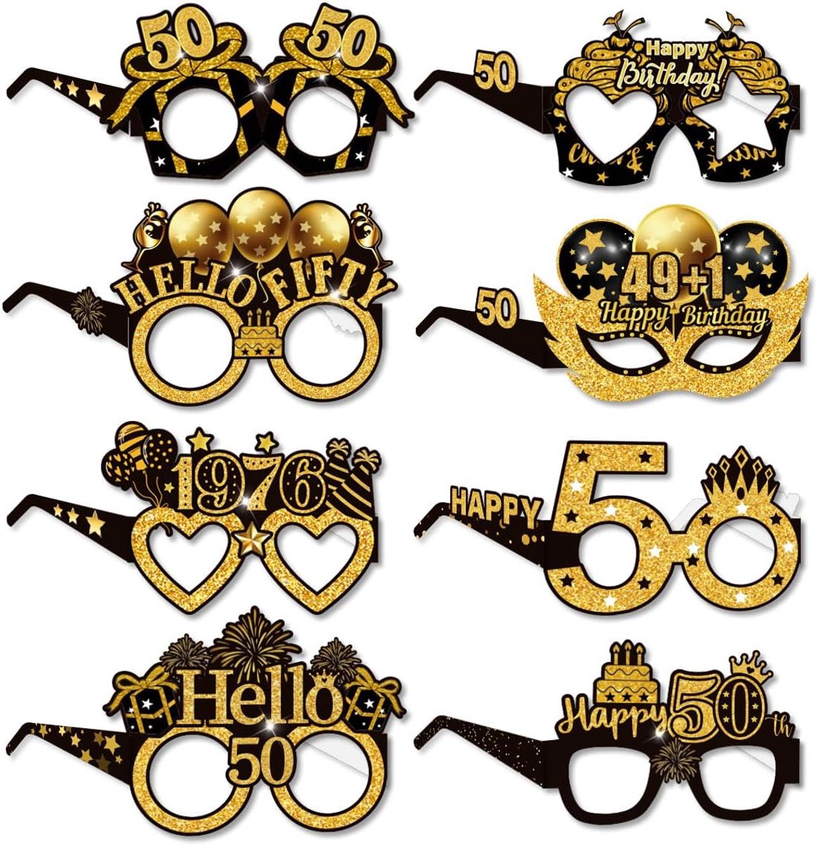 8 stuks grappige Happy Birthday-bril, zwart en goud, Happy Birthday-bril, verjaardagsdecoraties voor mannen, feestbril voor volwassenen, foto-rekwisieten, decoraties