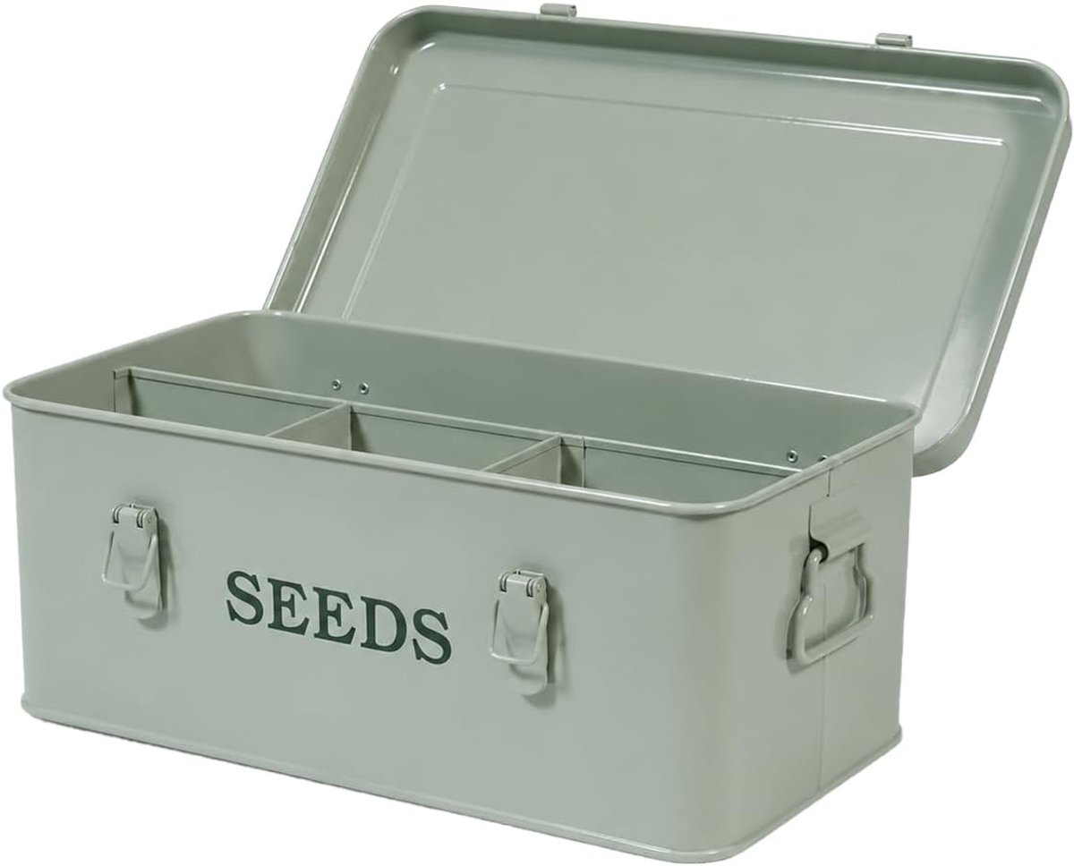 Zaadopslag voor de tuin, metalen zaaddoos met deksel, 33 x 18 x 13 cm, tuincadeau, vintage opbergdoos voor zaden, praktisch en decoratief, legergroen