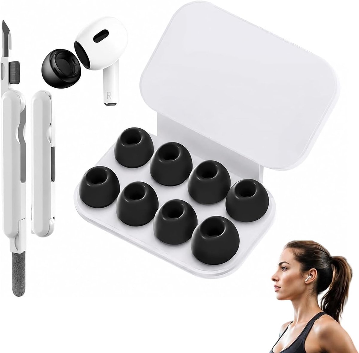 4 Silicone tips voor AirPods Pro & AirPods Pro 2 (XS/S/M/L) met geluidsvermindering, incl. reinigingsset & praktische opslagkast