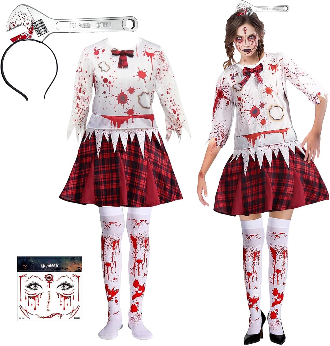 Schoolmeisje kostuum, Halloween zombie kostuum dames, big zombie-kostuum horror dames, zombie kostuum student, halloween eng student thema feest outfit aankleden voor carnaval cosplay