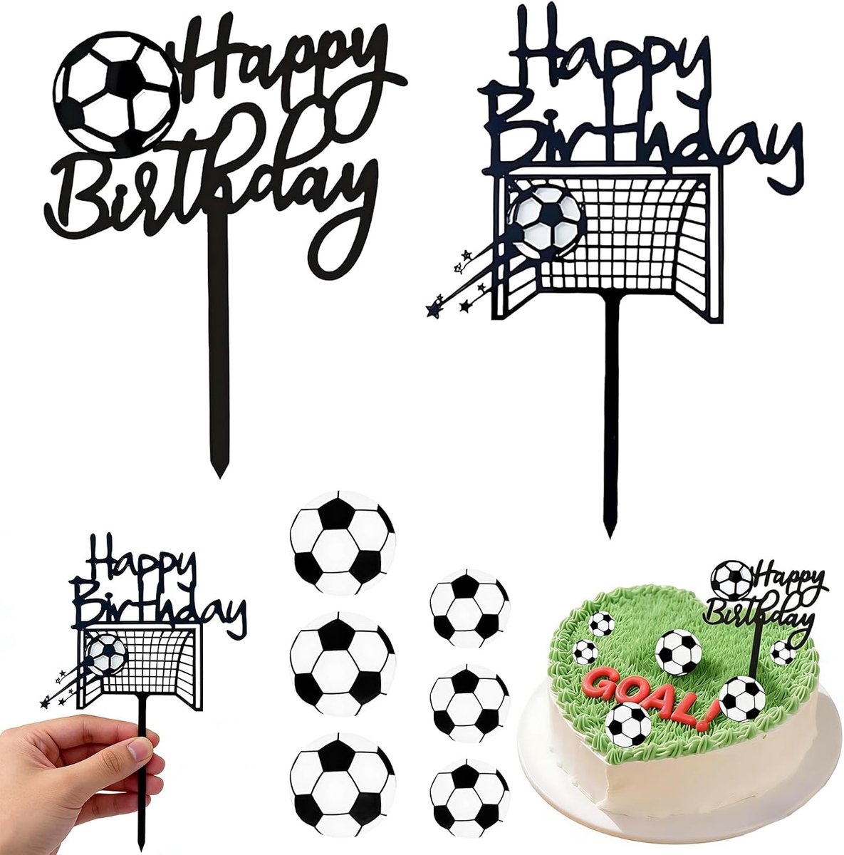 Taartdecoratie 8 Stuks – 2 Acryl Happy Birthday Toppers + 6 Voetbaldesign Prikkers – Herbruikbare Verjaardagstaart Decoraties Voor Jongens En Voetbalfans
