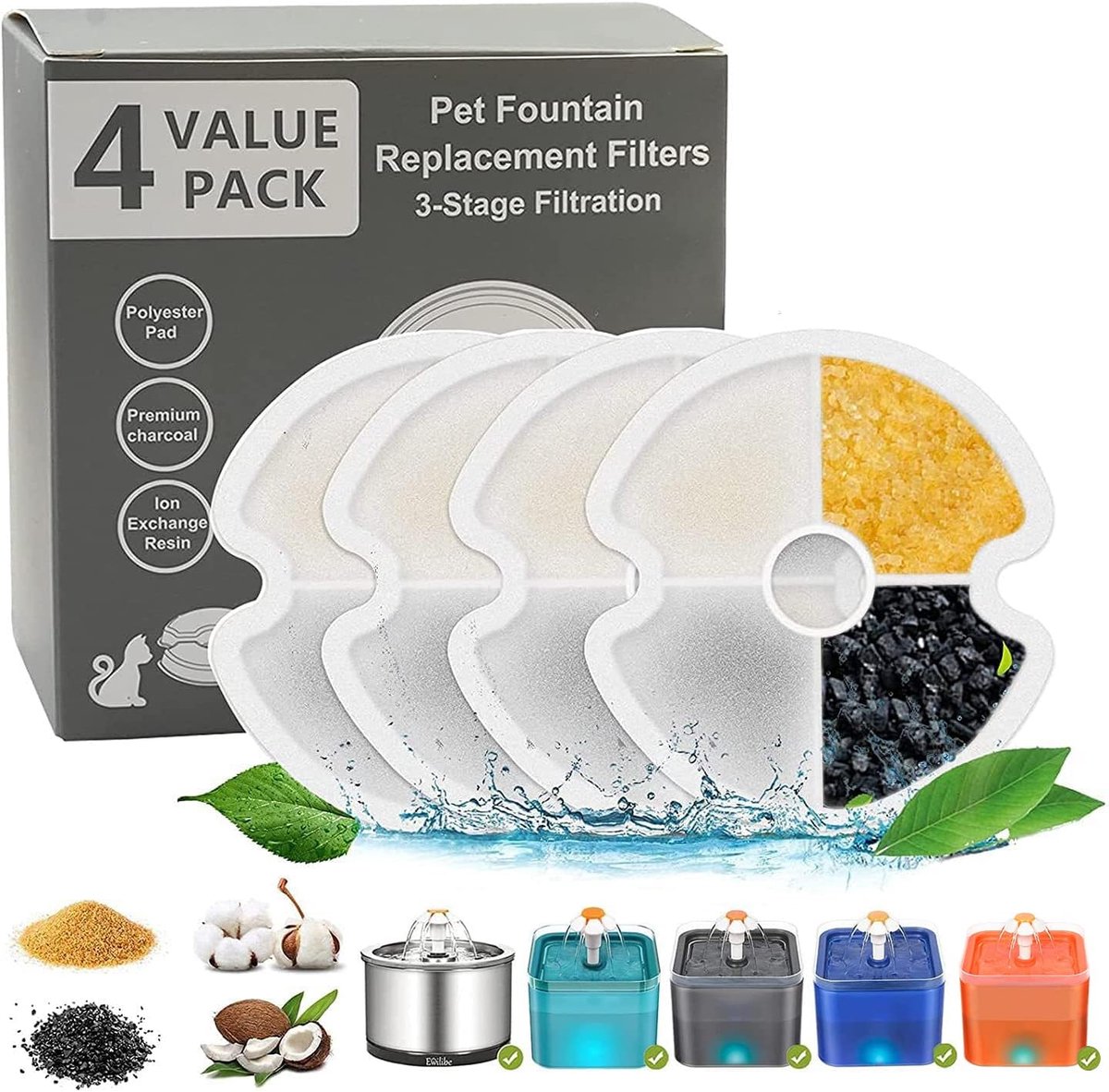 Drinkfontein voor Katten Vervangingsfilter voor Katten en Honden, Actieve Koolfilter voor 2,5 L Roestvrij Staal Kattenfontein en 2 L Waterfontein (4 Stuks)