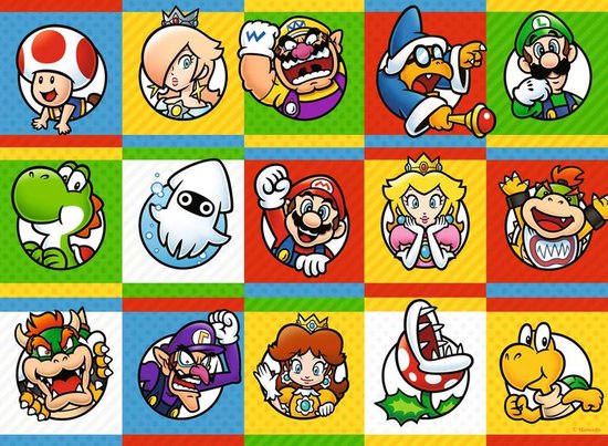 Super Mario karakters in cirkels op een kleurrijke, geruite achtergrond: Toad, Rosalina, Wario, Magikoopa, Luigi, Yoshi, Blu, Mario, Peach, Bowser Jr., Bowser, Waluigi, Daisy, Piranha Plant, Koopa Troopa.