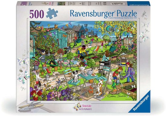 Boîte de puzzle Ravensburger 500 pièces intitulée 'Seaside Allotment' avec une illustration colorée d'un jardin animé.