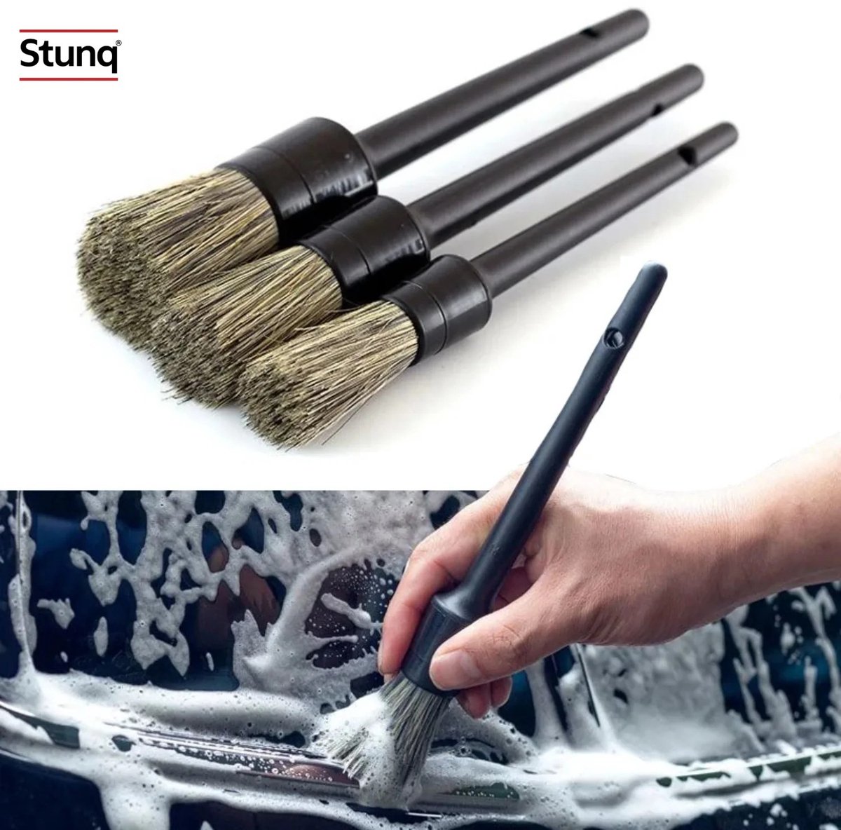 Stunq® 3-delige autoborstel set met natuurlijke zwijnenhaar – zachte detailing borstels voor velgen, banden en grille