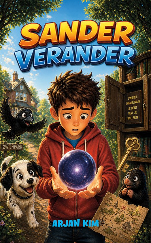 Sander Verander: Een jongen met een bal in zijn handen, een dalmatiër, een mol en een kraai kijken toe. Een oude sleutel en een kaart liggen op de grond. Er staat "ZWIJBEZSWABBEL ZWIJN JE BENT WAT JE WIL ZIJN" op een kast.