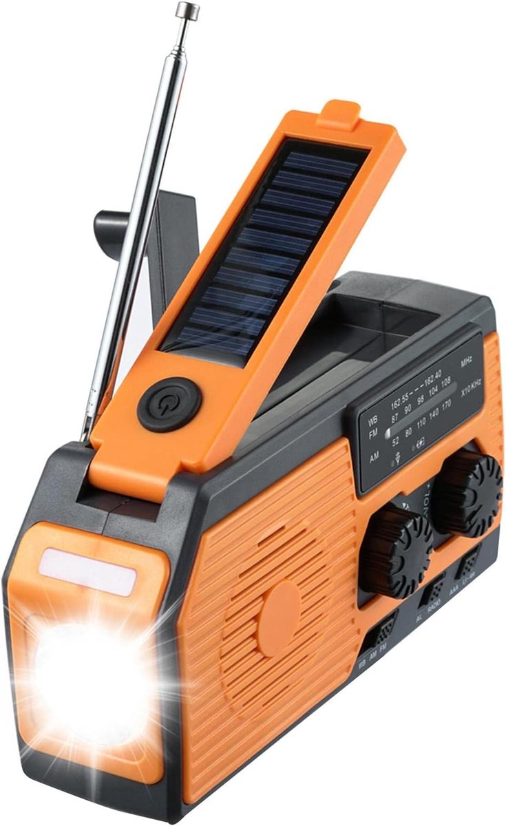 Radio op zonne-energie - survivalradio, AM FM-radio, op batterijen, noodvoorziening, campinguitrusting, multifunctionele powerbank, 5000 mAh, noodweerradio, waterdicht, werkt op batterijen, SOS-alarmled