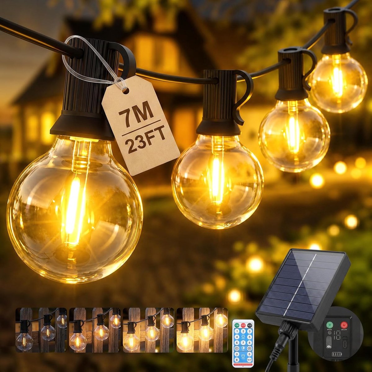 Lichtsnoer op zonne-energie, voor buiten, 7 m, waterdicht, 10 + 1 G40-gloeilampen, dimbaar, met afstandsbediening, 8 modi, lichtketting op zonne-energie, voor tuin, balkon, terras, party