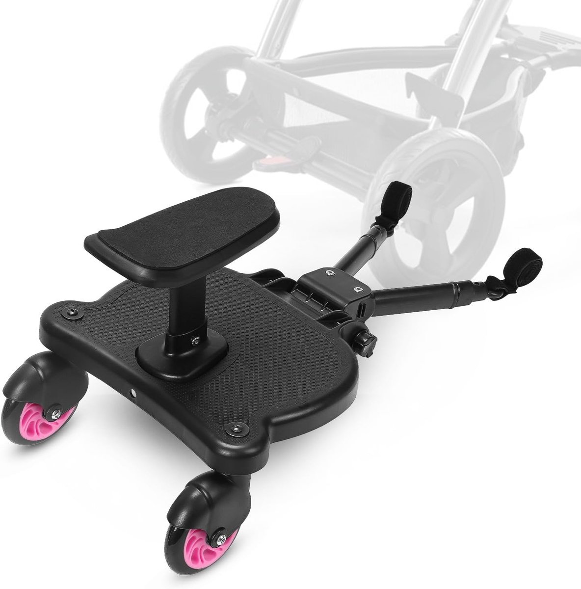 Board met zitting, Kiddy Board voor kinderwagen, universeel treeplank met afneembare zitting, 360 graden dubbel wiel, verstelbaar, tot 25 kg, roze
