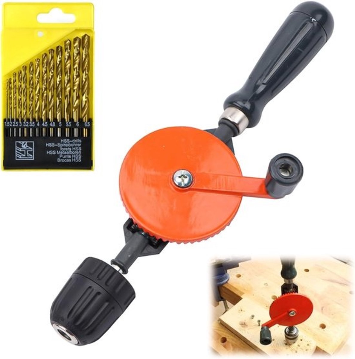 SnelShoppen - Handboor Set 3/8 Inch, 1.5-10mm, Handboormachine met Dubbele Versnelling, 13 Stalen Booraccessoires voor Hout en Kunststof, Duurzaam en