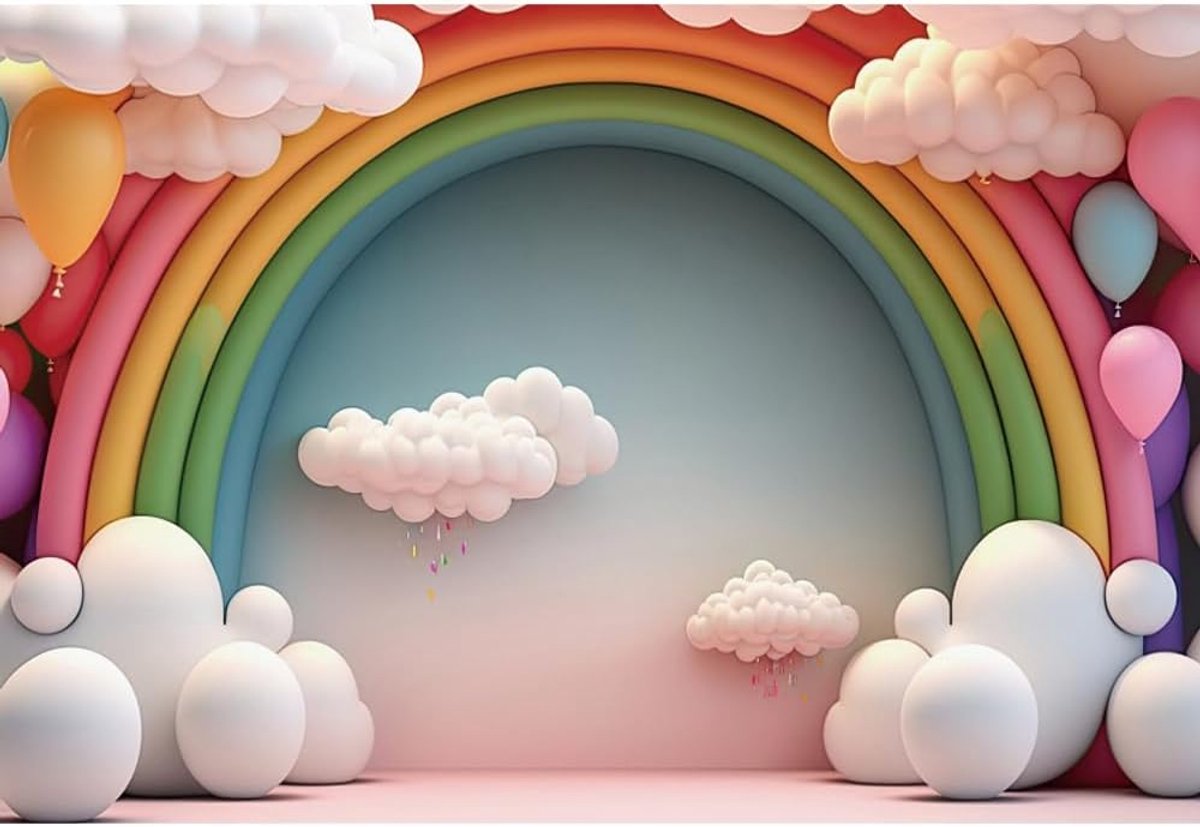 Achtergrond met regenboogboog, 7 x 5 voet, cartoon, regenboog, ballon, wolk, babyborrel, achtergrond, pasgeboren jongen, meisje, verjaardagsfeest, decoratie, banner voor studio, portret,