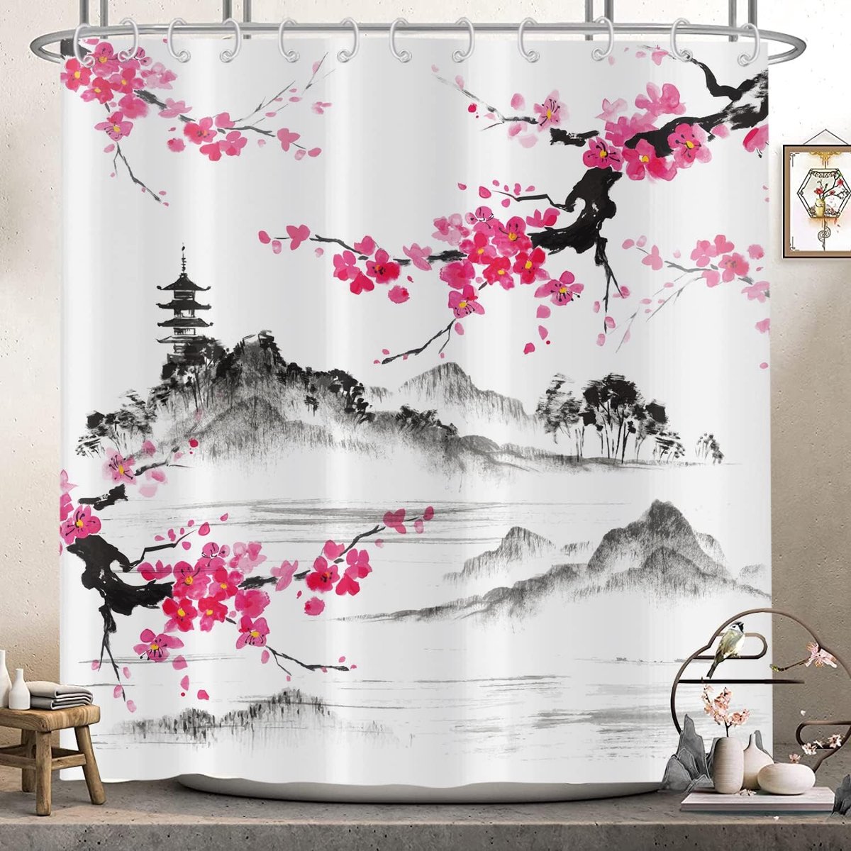 douchegordijn 180 x 200, Aziatische Japanse stijl roze bloem douchegordijnen aquarel bergkunst badkamergordijnen waterdicht polyester stof wasbare badgordijnen met haken