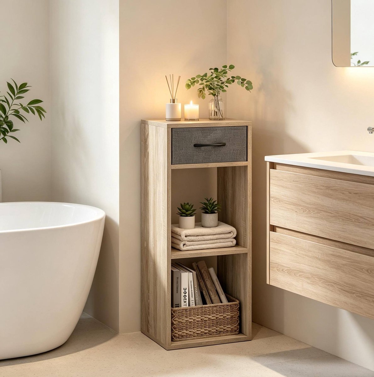 MEUNIQ Boekenkast 32,4 x 30 x 80 cm met stoffen lade en 2 open vakken, staand opbergmeubel voor woonkamer en werkkamer, grijs licht eiken