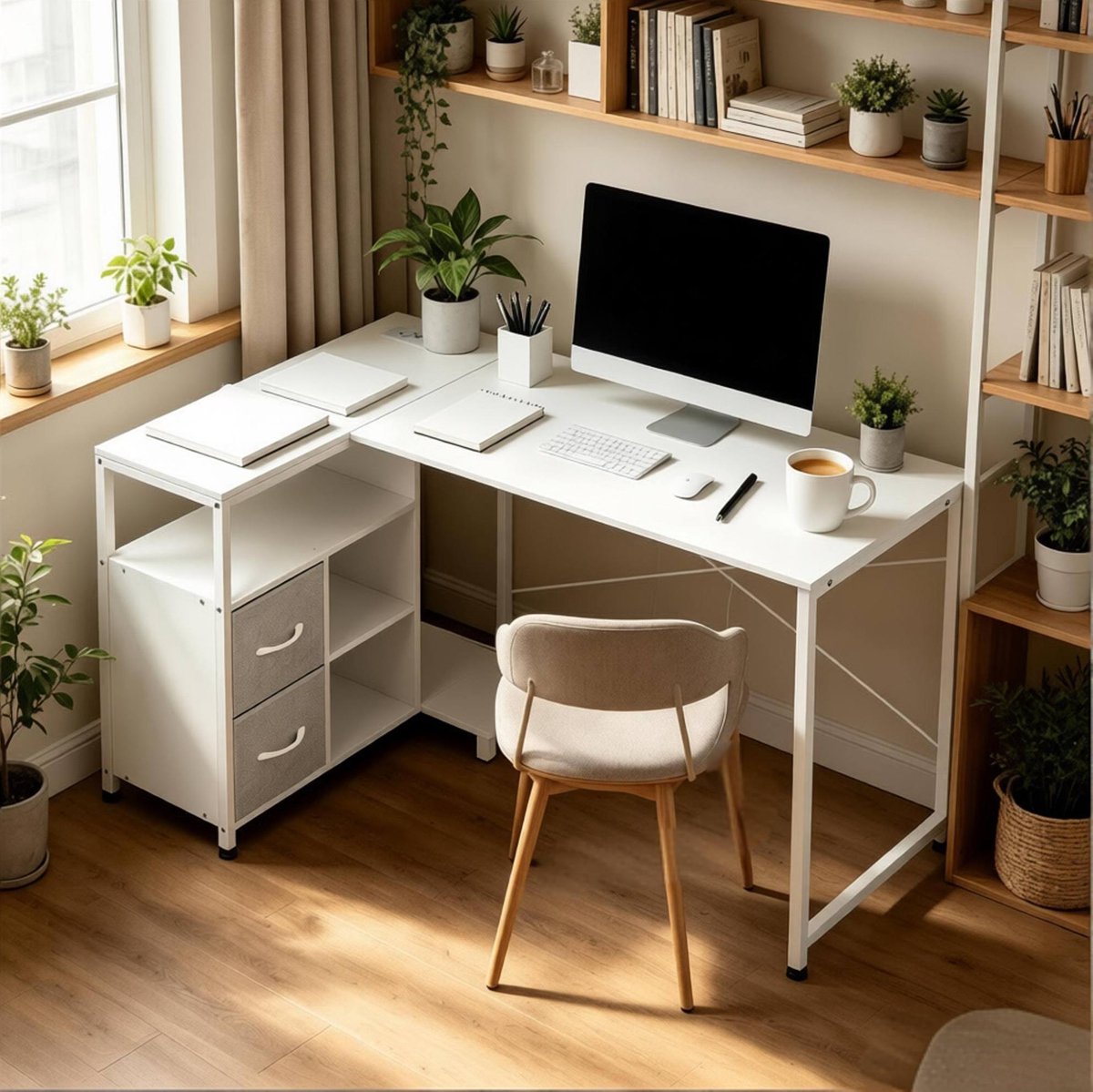 MEUNIQ L-vormig hoekbureau 120 x 80 x 76 cm met omkeerbaar opbergrek, 2 stoffen lades en stekkerdoos met USB voor thuiskantoor, wit