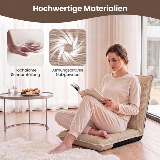 Vrouw leest boek op beige vloerstoel. Kenmerken: schuimvulling, ademend mesh.