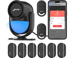 CPVAN WiFi alarmsysteem voor huis - met PIR bewegingsmelder - Draadloos doe het zelf smart alarmsysteem - met 6 deur raamsensoren voor veiligheid - Lokaal alarm en app melding - Model: CP2W+2RC+6D01 - Zwart