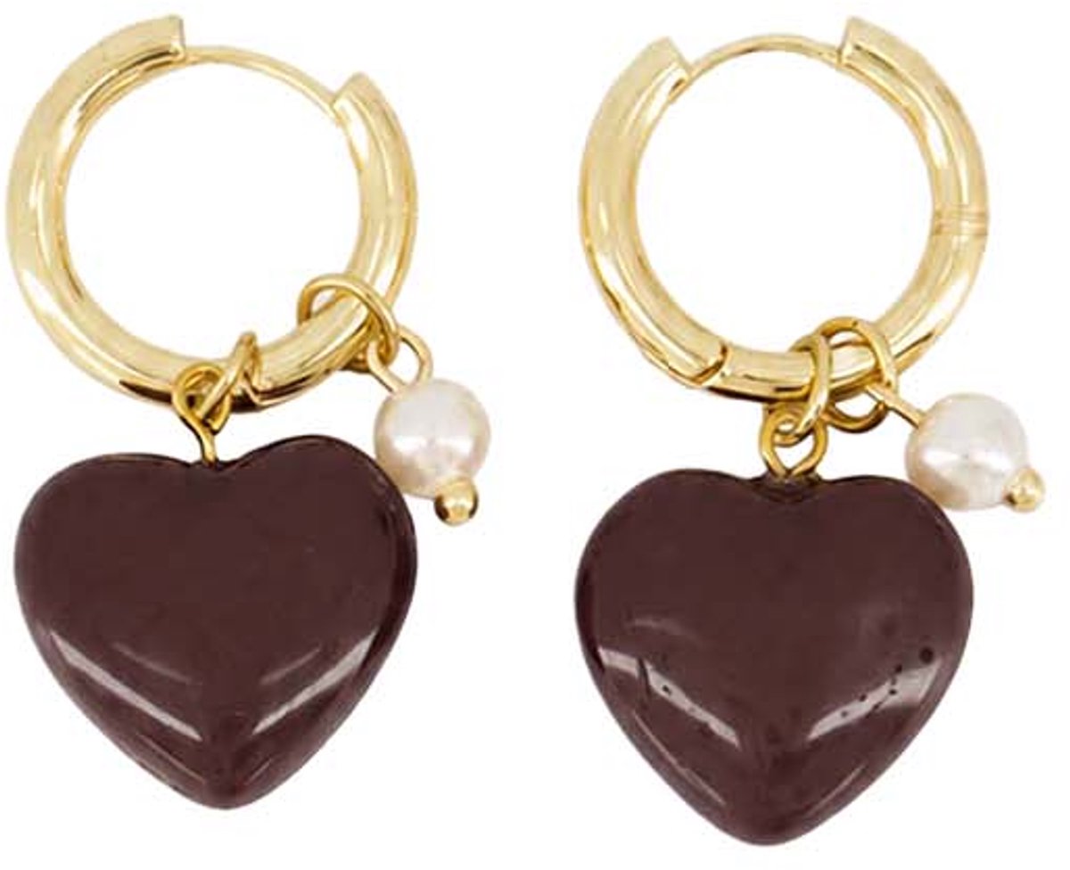 Zusss Earring With Heart And Pearl Resin / Metaal Dark Choco