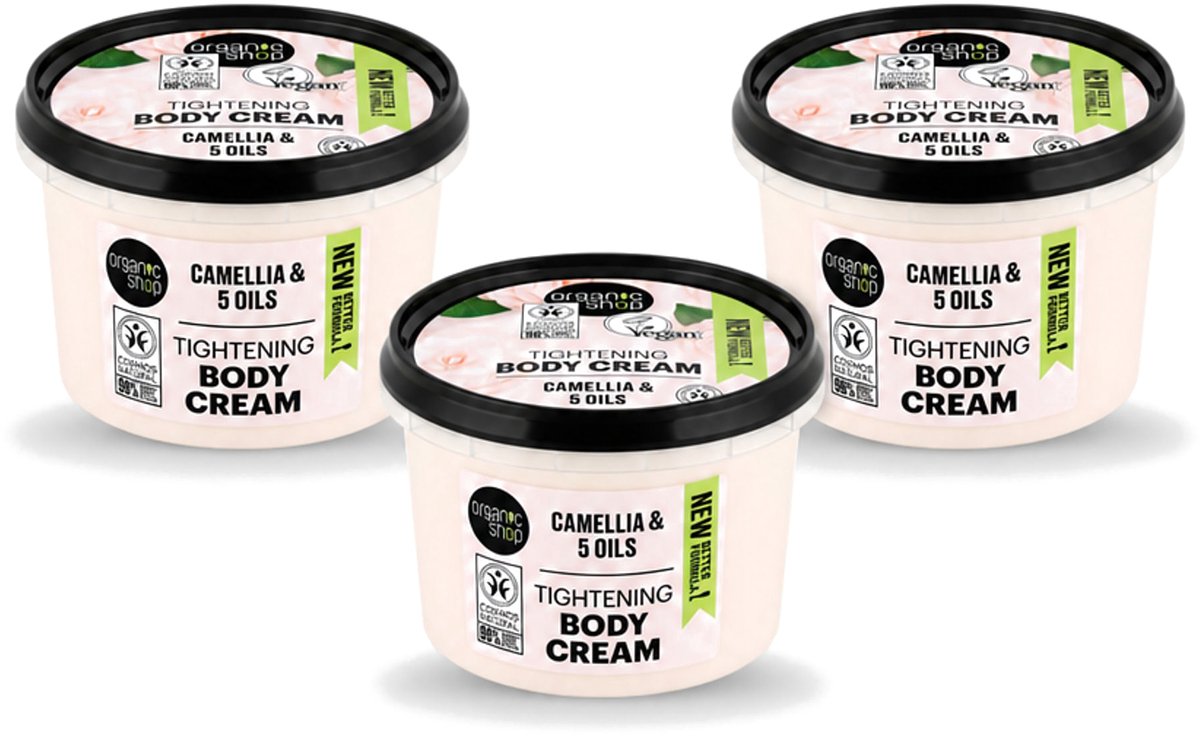 3 x Organic Shop - Organic Camellia & 5 Oils Body Cream - Verzachtend en Hydraterend - 250 ml - Voordeelverpakking - 3 stuks