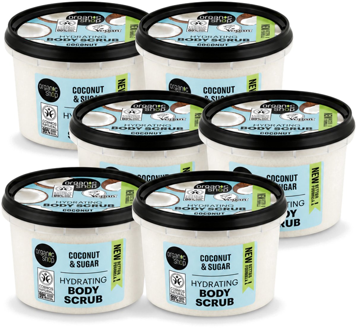 6 x Organic Shop - Hydrating Body Scrub Coconut - Diep Voedend - 250 ml - Voordeelverpakking - 6 stuks