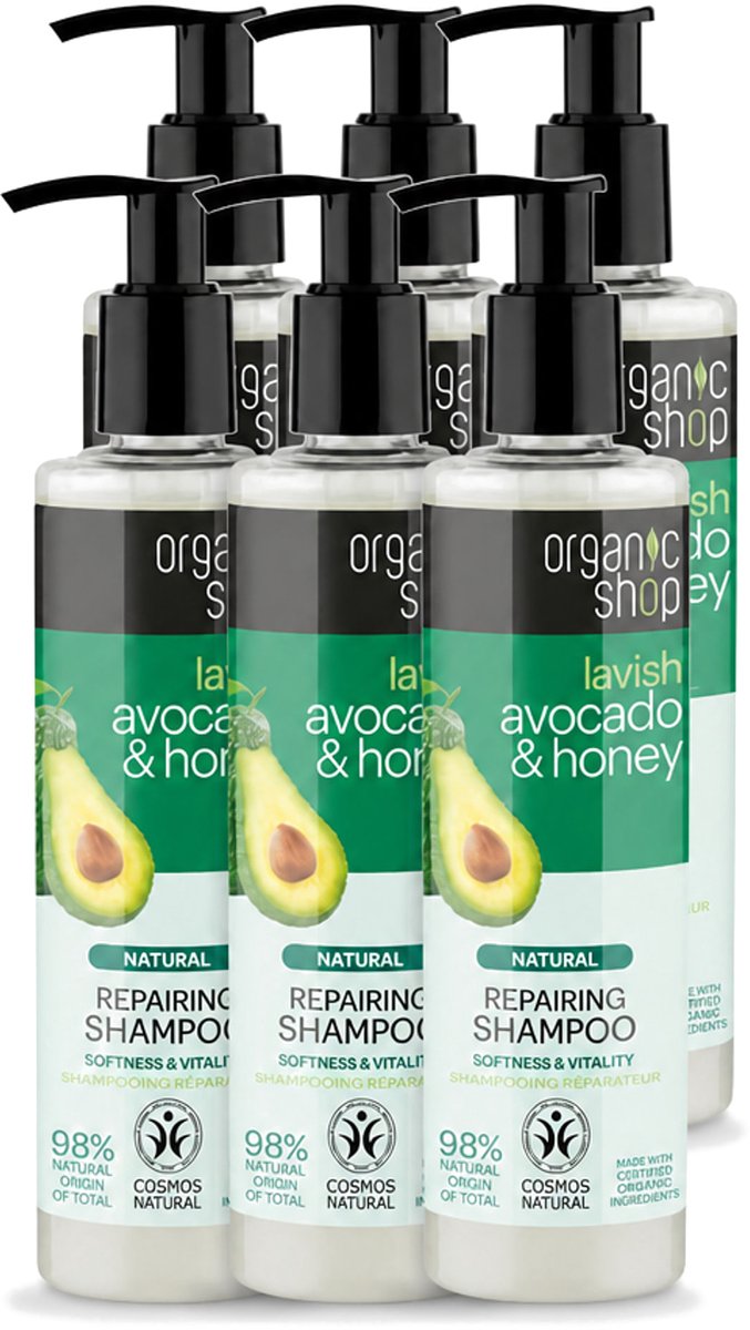 6 x Organic Shop - Natural Repairing Shampoo - Avocado & Honey - Hydraterend en Herstellend - 280 ml - Voordeelverpakking - 6 stuks