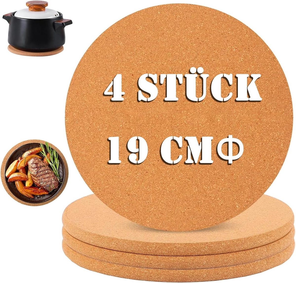 Houten Onderzetters van Kork - Antislip, Warmtebestendig en Herbruikbaar voor Thuis, Keuken en Woonkamer - 19 cm - Set van 4