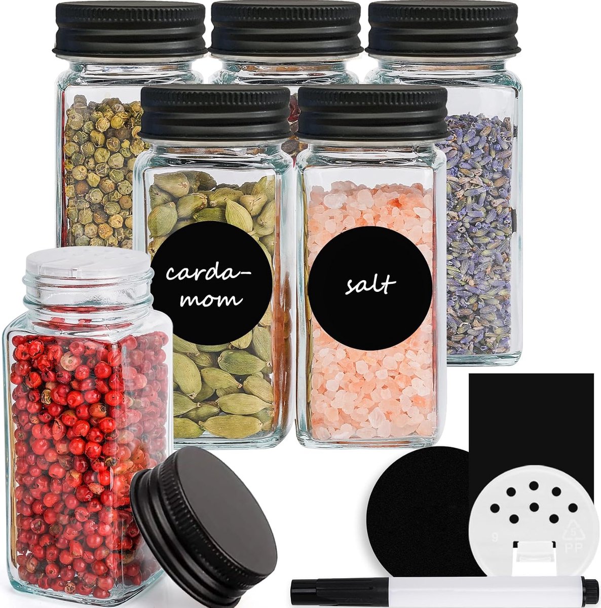 Kruidenpotjes, vierkant, 120 ml, set van 6, kruidenpotjes met strooiinzet, metalen deksels, etiketten in zwart, kruidenpotjes, kruidenopslag, kruidenorganizer