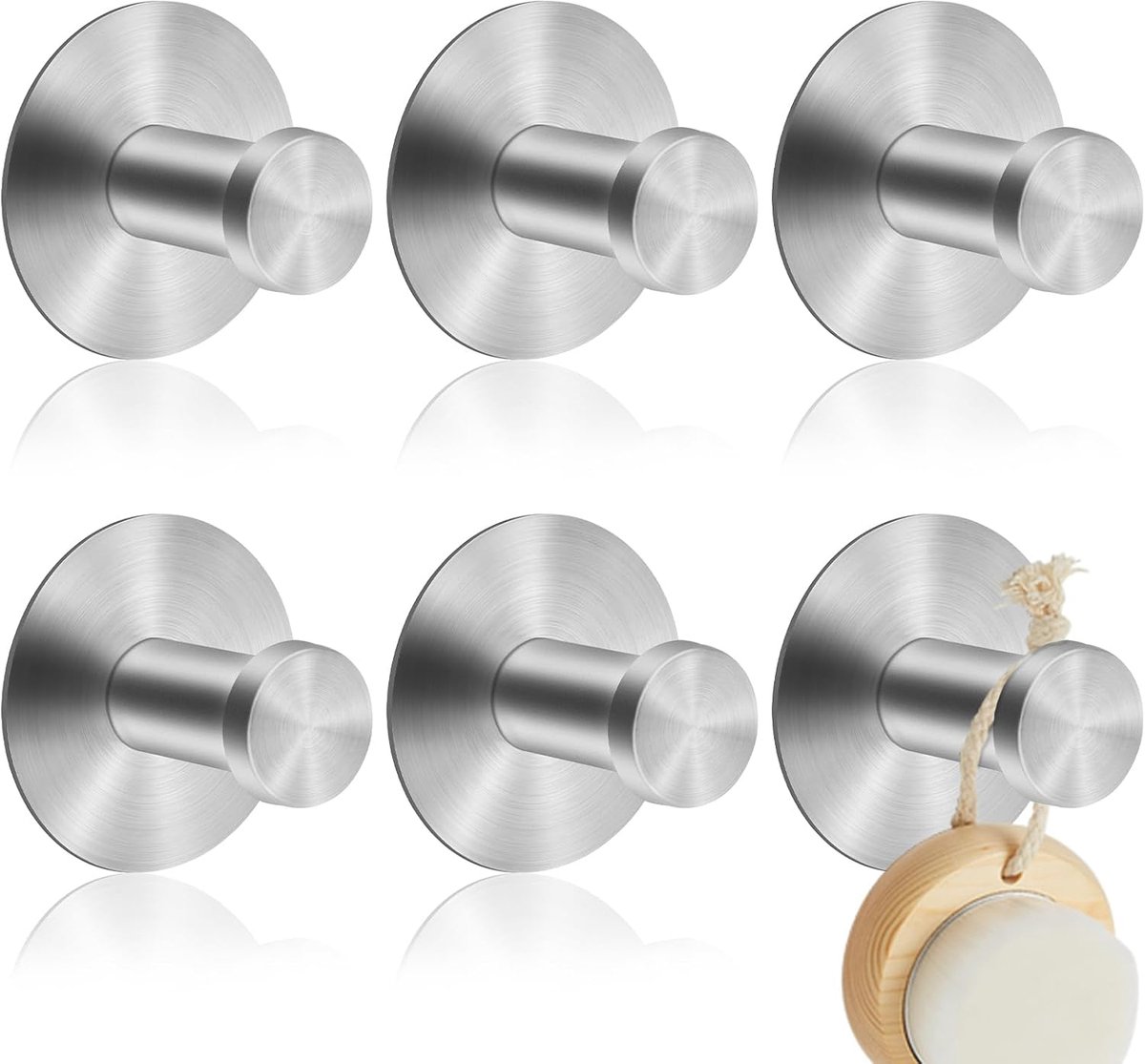 6 stuks zelfklevende handdoekhouder, zonder boren, roestvrij staal, haken, badkamer, kleefhaken, extra sterk, voor badkamer, keuken, zilver