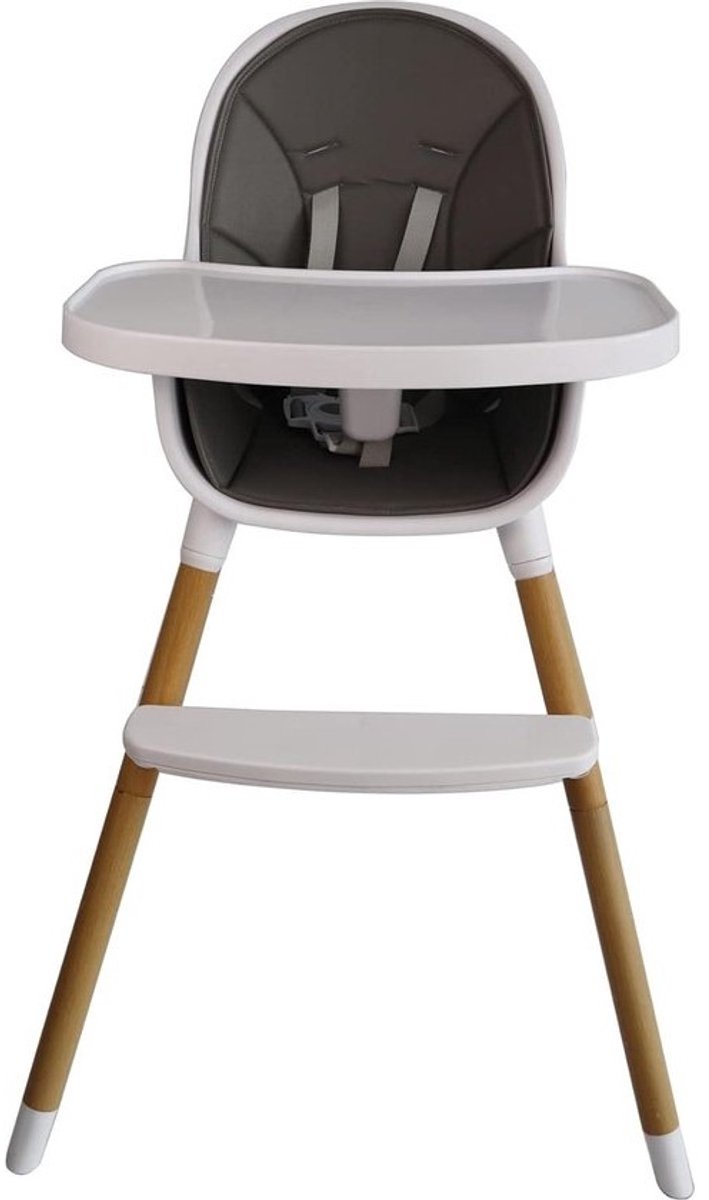 2-in-1 houten kinderstoel met dienblad - babystoel combi-hoge stoel - 5-punts riem - voetensteun - PU-lederen kussen - tot 30 kg