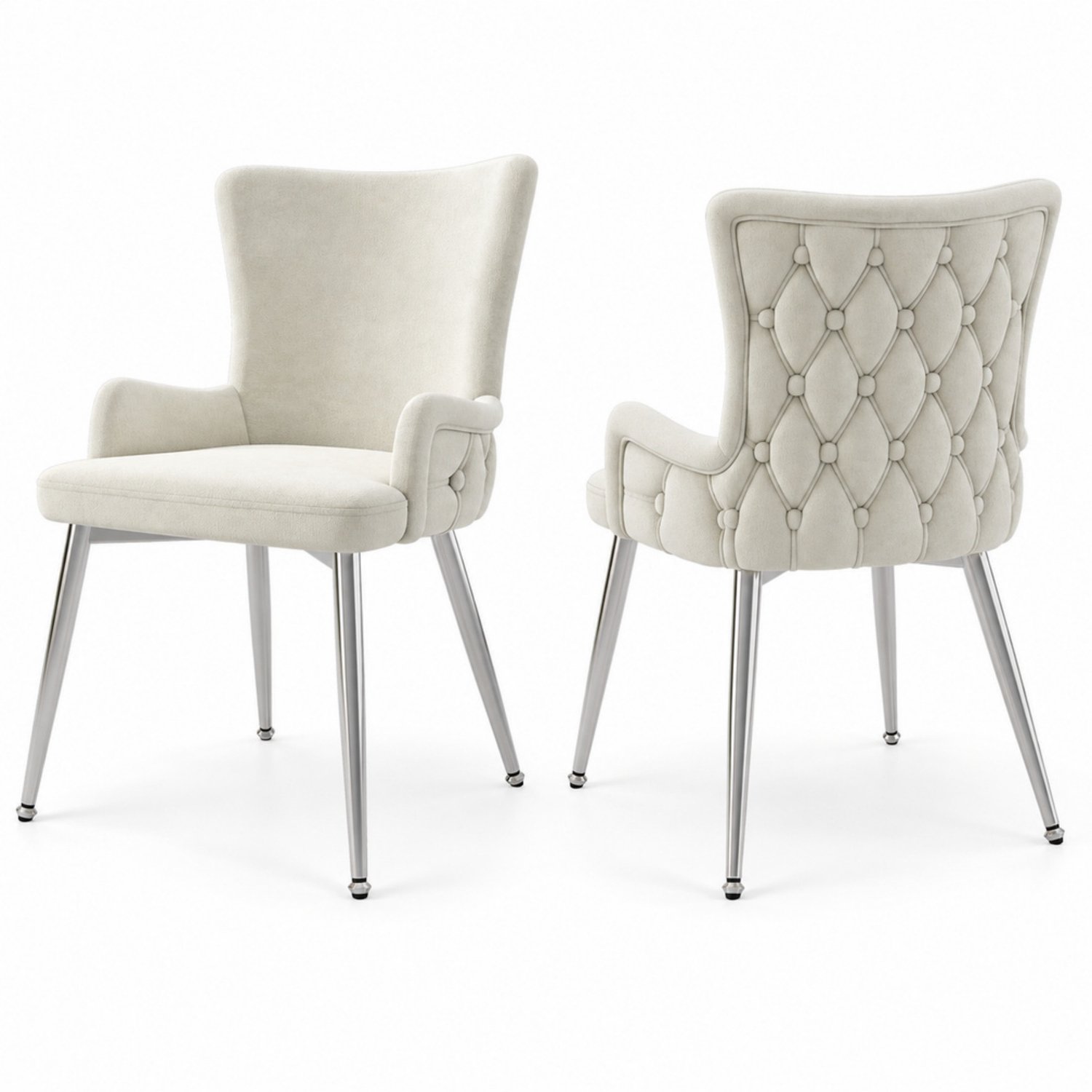 LONG DRAGON - Velvet eetkamerstoelen - Set van 2 - Vier zilverkleurige metalen poten - Voor woonkamer en slaapkamer - Beige