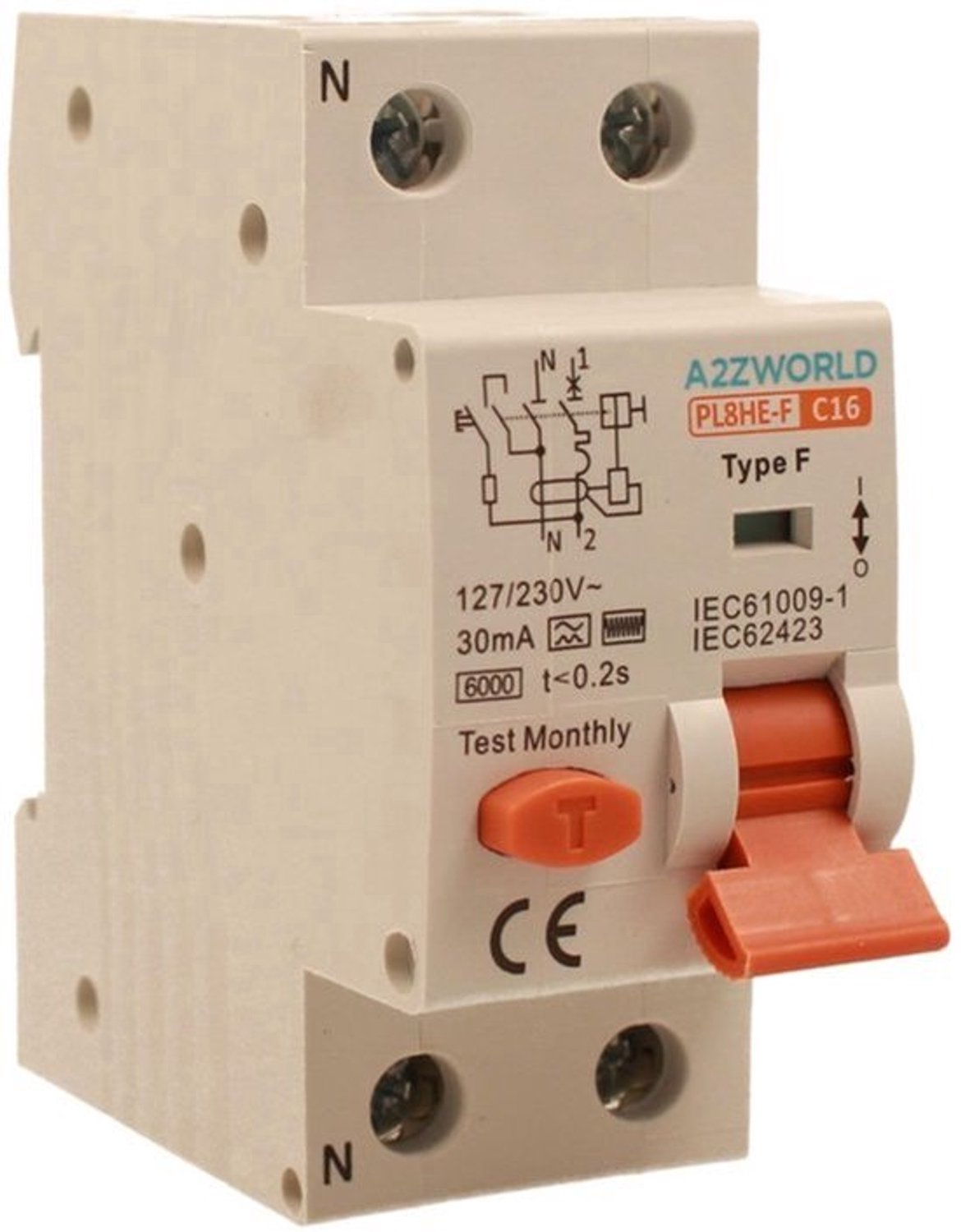 Magnetothermische differentiaalschakelaar, type F 16A C16, RCBO type F curve C 6 kA 30 mA, 1P+N 2 DIN-modules, voor warmtepompen, airconditioning, wasmachines, door inverters aangestuurde motoren