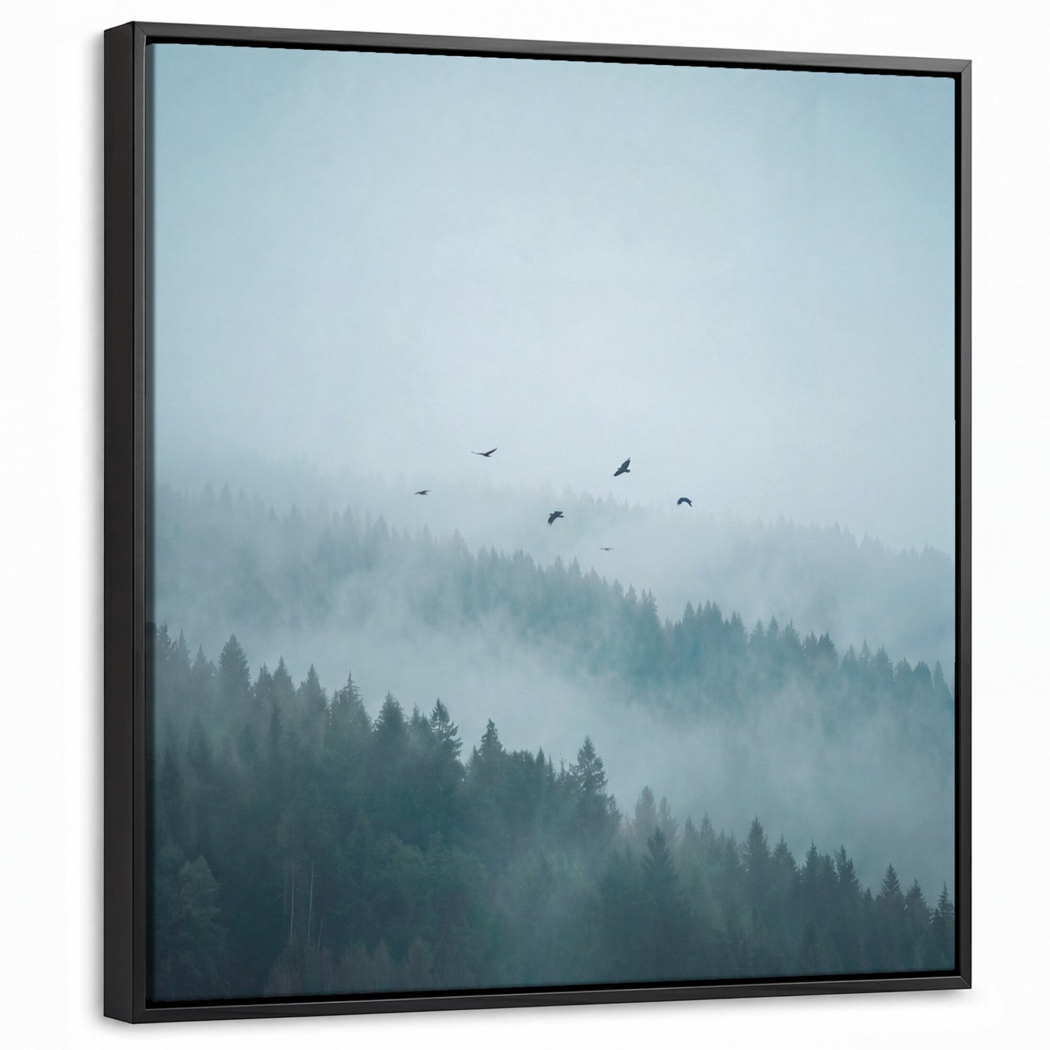 Canvas Schilderij met Baklijst - Bos - Mist - Vogels - Natuur - Groen
