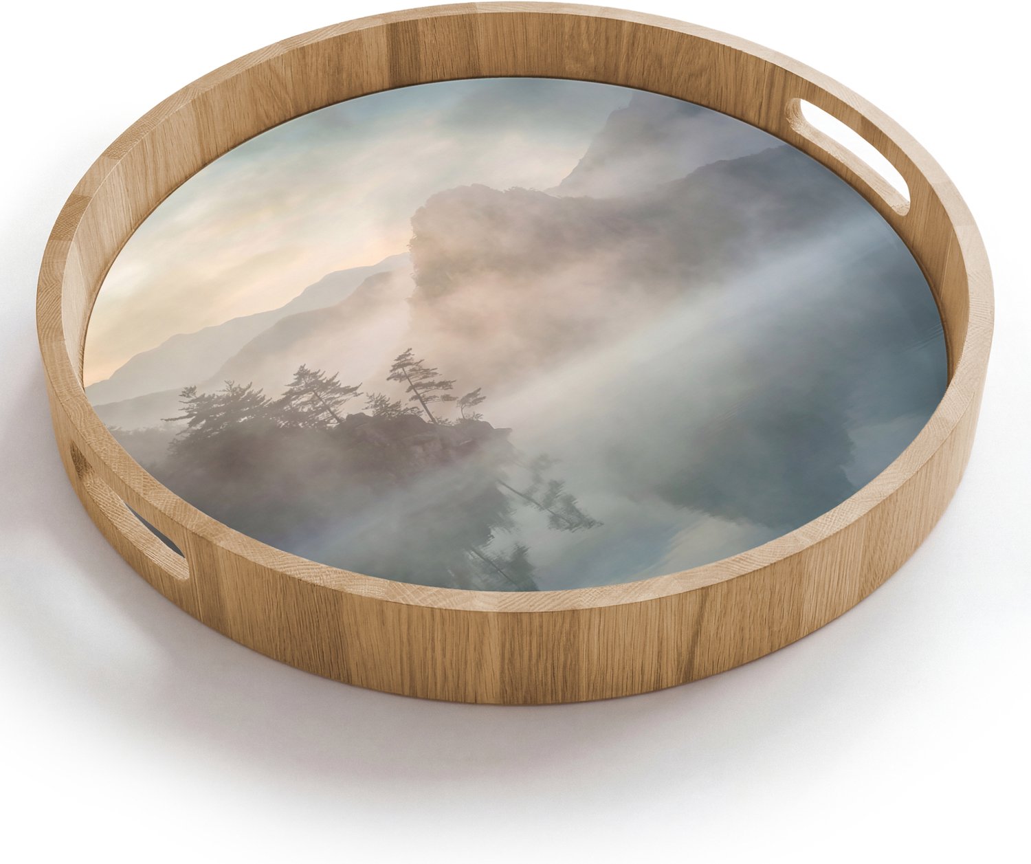 Dienblad rond 40x40 cm - Schootdienblad hout - Landschap - Bergen - Mist - Water - Natuur - Borrelplank rechthoek - Plateau houten dienbladen
