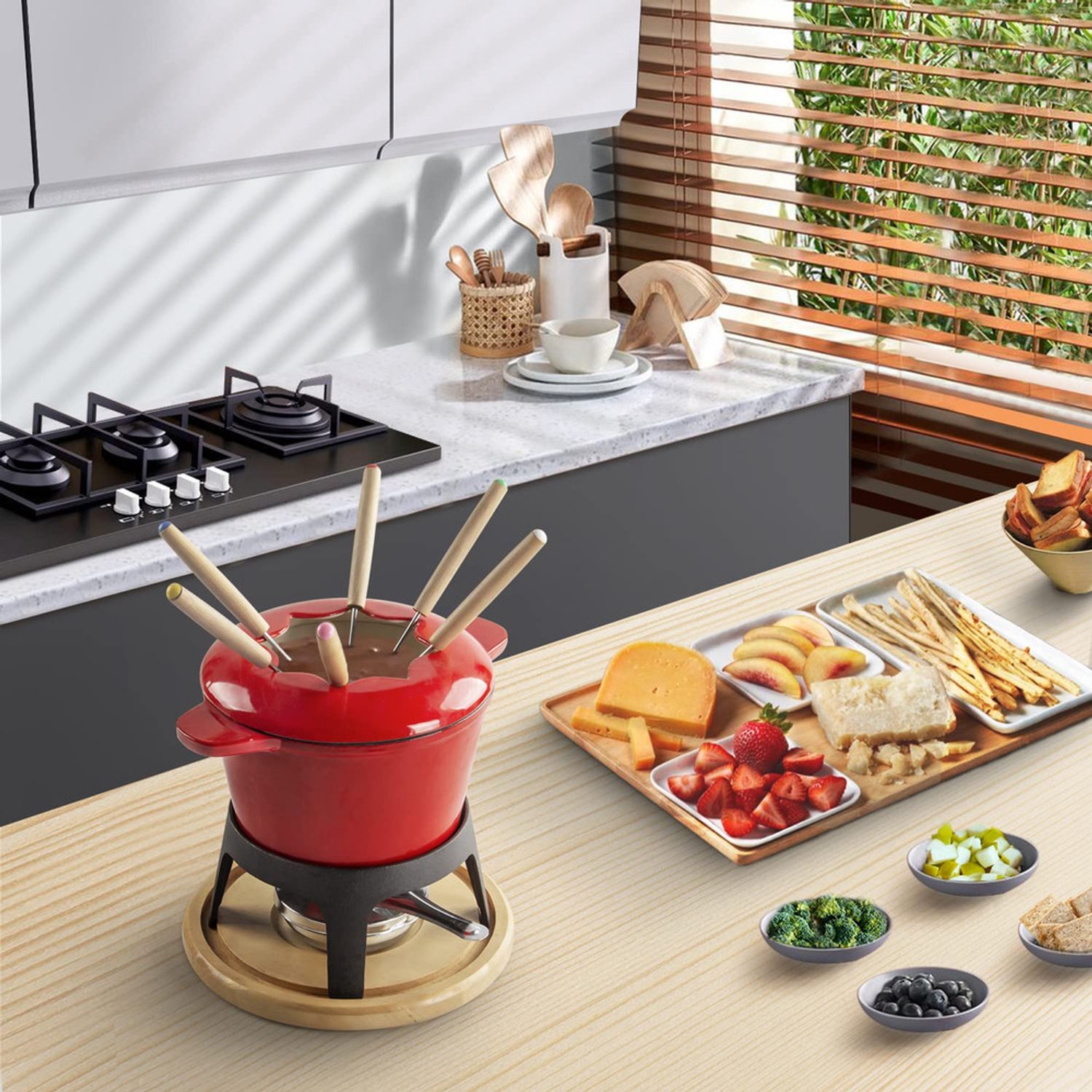 Kaasfondueset Chocolade fondueset Fondue Set Kaasfondue met warmer Gietijzer met 6 Fonduevorken en Brander Geschikt Voor Kaas,Chocolades en Fruit (Rood o2) – foto 8