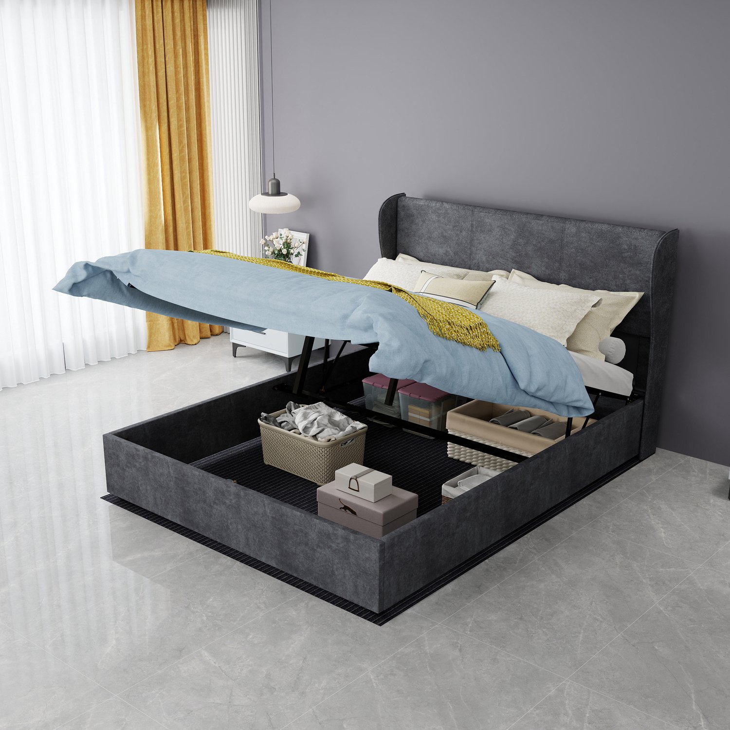 WUVRIE Gestoffeerd bed 140x200 cm - Gaslift met opbergruimte en lattenbodem - Grijs
