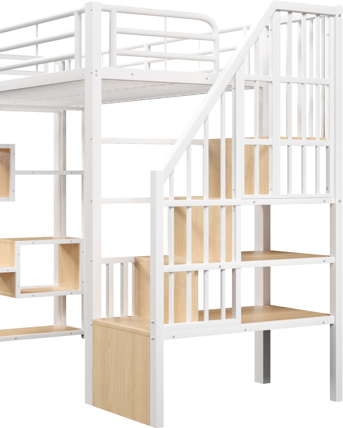OKWISH Hoogslaper 90x200 cm - Met Opbergtrap en Uitvalbeveiliging - Meerkleurige Verlichting - Open Ruimte Onder Het Bed - Metaal en MDF - Zonder Matras - Wit