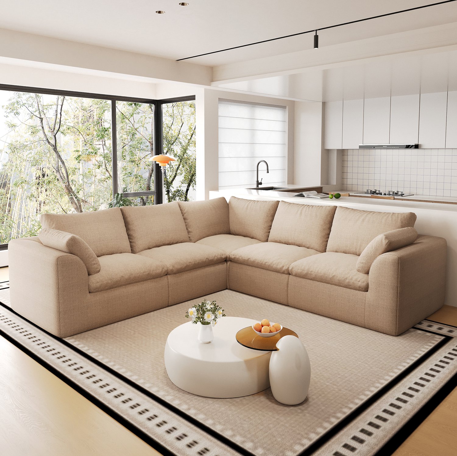 MIVRAY Hoekbank 245 x 245 x 83 cm - V-Vormige 5-Zits met Veerkrachtige Schuimvulling - Voor de Woonkamer - Linnen - Khaki