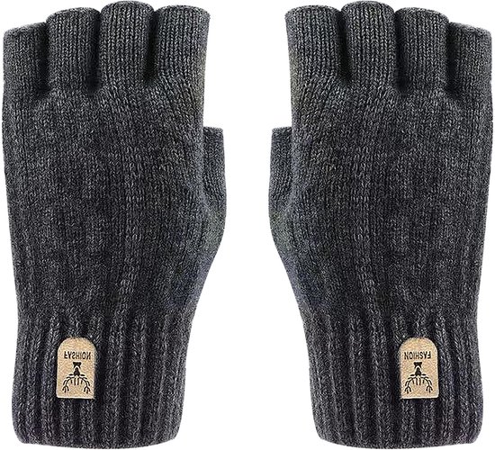 Grijze vingerloze winterhandschoenen met geribbelde polsen en een bruin 'Fashion' hert-embleem.