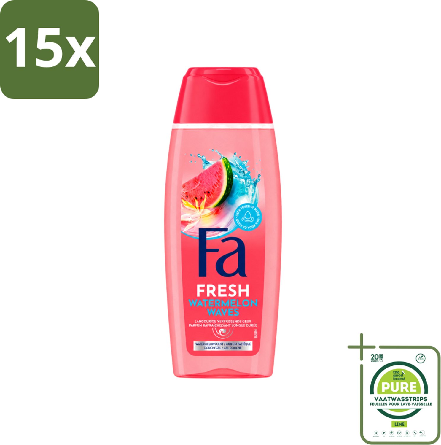 15 x Fa – Douchegel – Watermelon Waves – 250 ml - Grootverpakking - Vaatwasstrips - Douchegel Tropisch - Douchegel Hydraterend - Douchegel Voor Huid - Tropische Geur - Douchegel Voor Dagelijks Gebruik