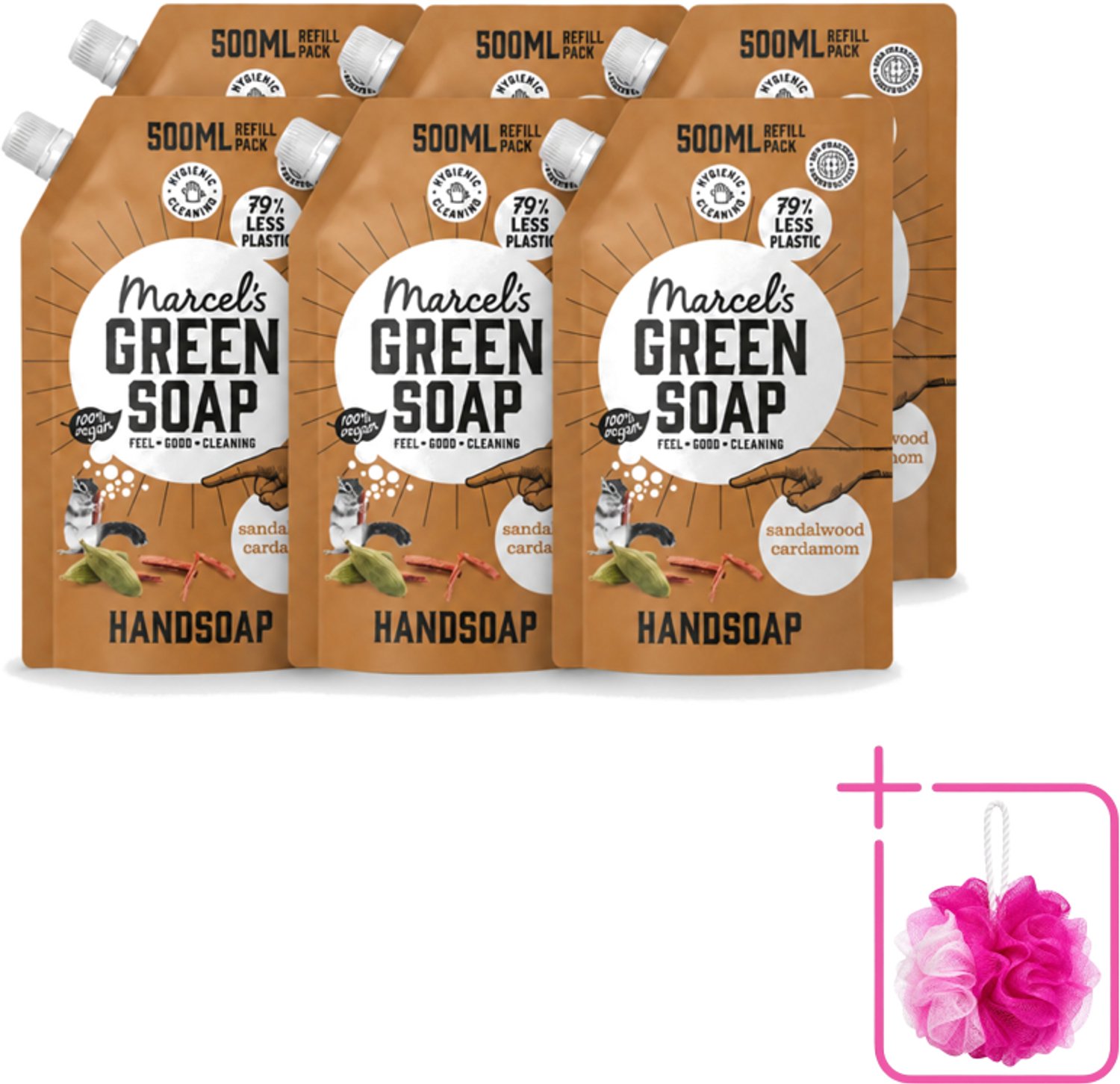 6 x Marcel’s Green Soap – Handzeep Navulling – Sandelhout & Kardemom – 500 ml - Bulkverpakking - Handzeep navulling - Douchemop - Sandelhout en kardemom