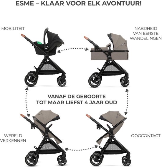 Esme kinderwagen in beige: reiswieg, autostoeltje en wandelwagen inzetbaar van geboorte tot 4 jaar.