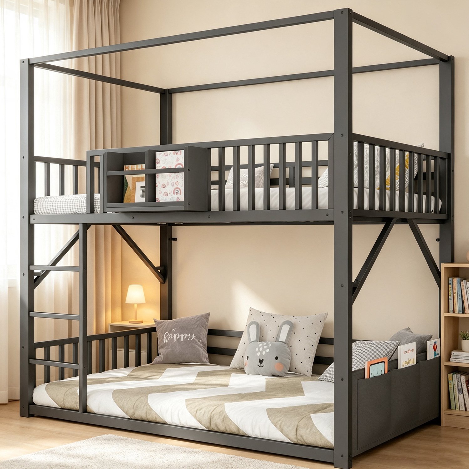 Wishdor Stapelbed 90x200 cm - Met dakvormig frame en uitvalbeveiliging - Bovenbed met boekenplank en onderbed met opbergzak - Huisvorm voor kinderkamer en logeerkamer - Metaal en MDF - Zwart