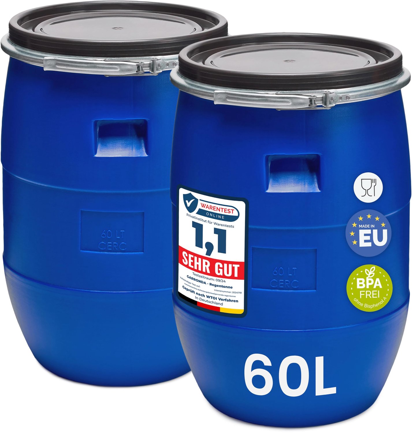 Set van 2 Regentonnen 60 Liter met Deksel, Brede Hals HDPE