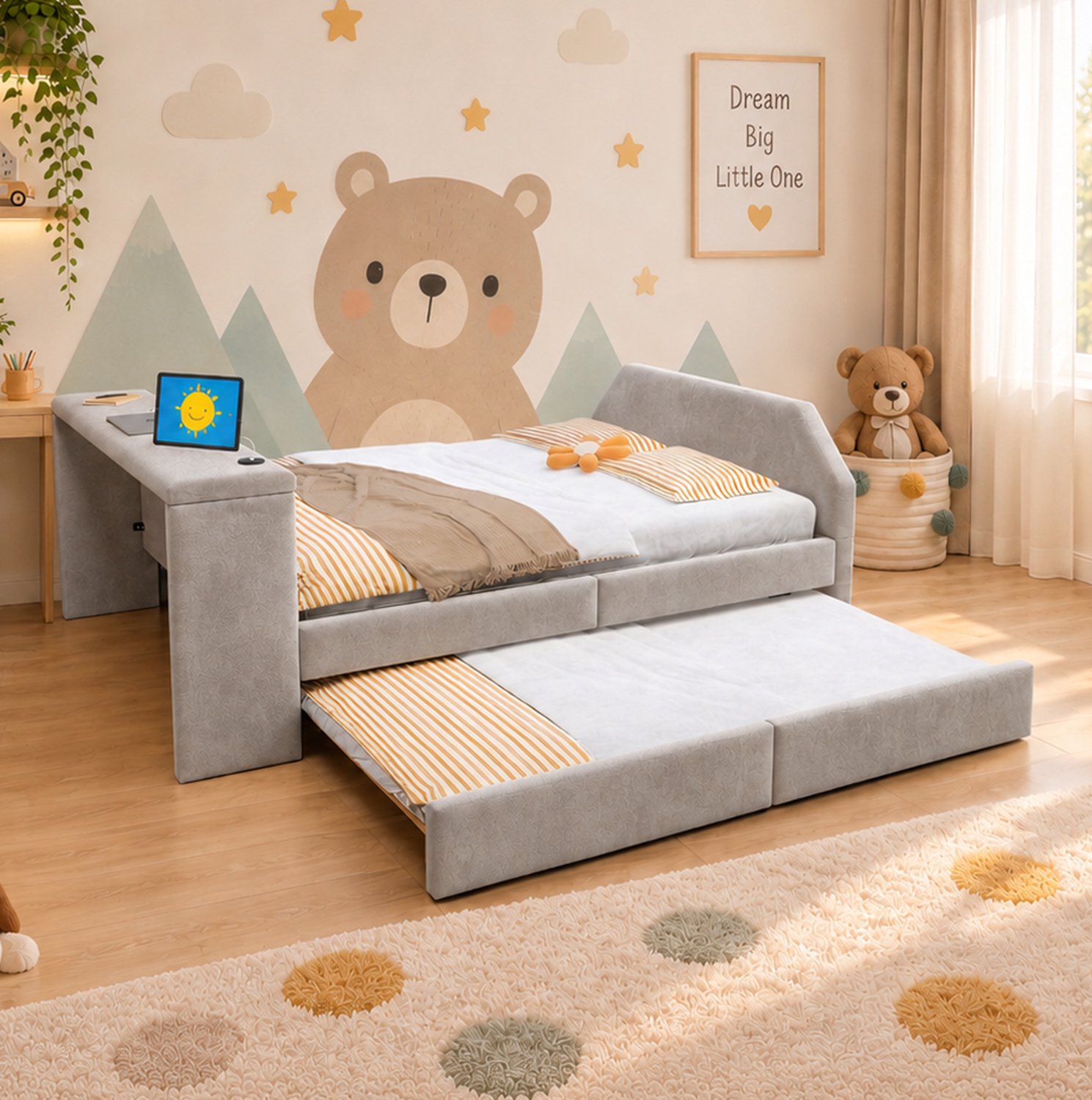 STILVORA Gestoffeerd Kinderbed 140x200 cm – Uittrekbaar Logeerbed – Bureau met Usb-Aansluiting – Kinderkamer – Fluweelstof – Zonder Matras – Grijs
