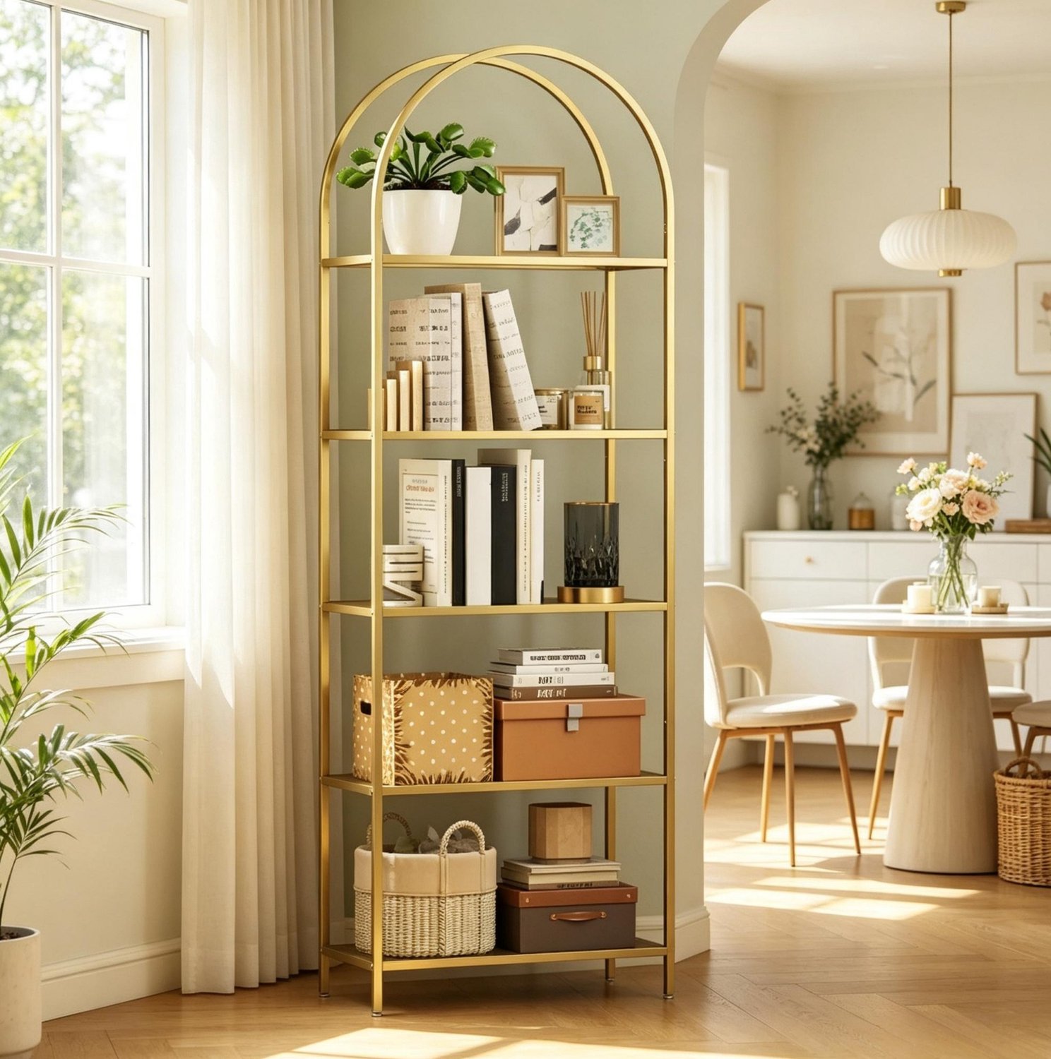 FloraGrace Boekenkast Boogvormig – 60 x 30 x 175 cm – Staal en Gehard Glas – Goud – Vijf Open Planken voor Woonkamer en Kantoor – Met Kantelbeveiliging