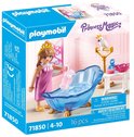 Verpakking van Playmobil Princess Magic set 71850 met prinses, blauw bad, vogel op standaard en waarschuwingstekst.