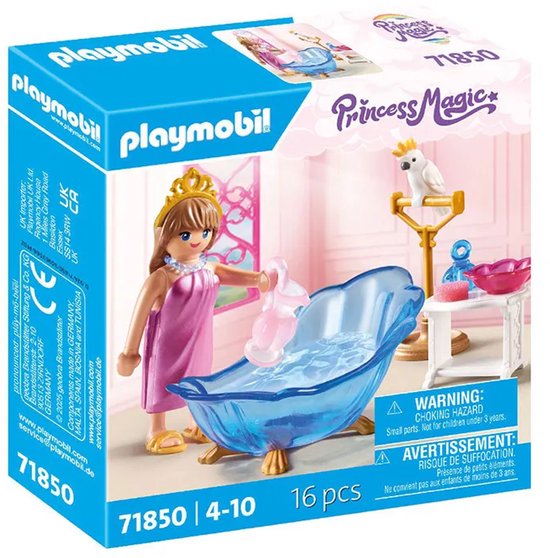 Verpakking van Playmobil Princess Magic set 71850 met prinses, blauw bad, vogel op standaard en waarschuwingstekst.