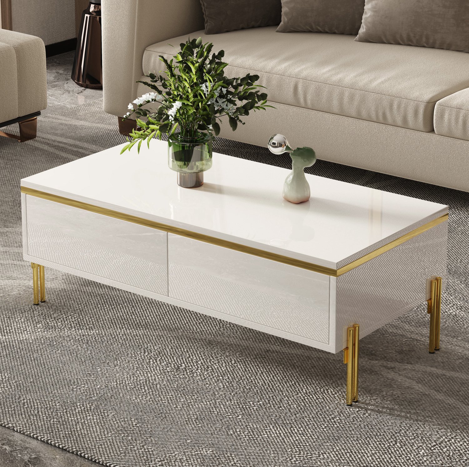CHICFURN Salontafel - verborgen lades - hoogglans - metalen poten - wit