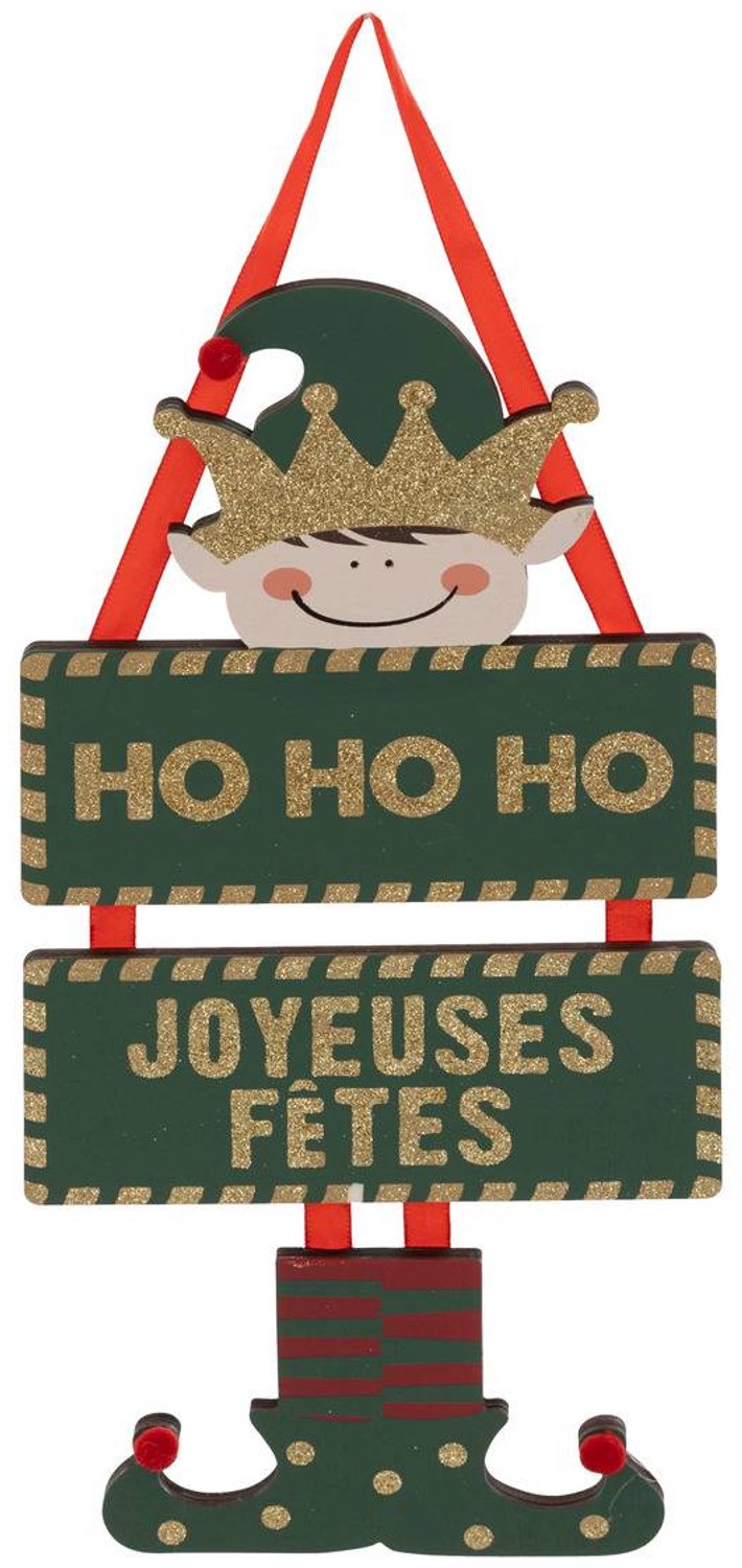 Feeric lights & Christmas Kerstfiguurtje in de vorm van een elf met een houten bordje met de tekst 'Fijne feestdagen', 35 cm Transparent